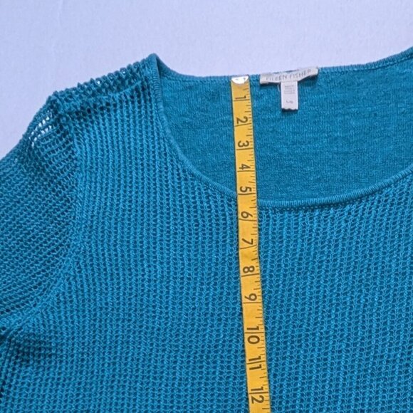EILEEN FISHER Green 100 % Organic Linen Asymmetrical Open Knit SweateTunic Sz L - Picture 5 of 12